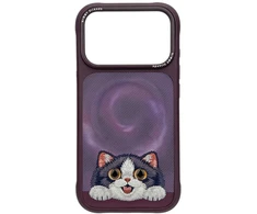 Dėklas NIMMY case BIG EYED LYING CREAM CAT compatible with MagSafe for IPHONE 18 Pro/17 Pro violetinė