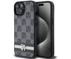 Apple iPhone 15 plus / 14 plus DKNY dėklas odinis Checkered Mono Pattern &amp; Printed Stripes (DKHCP15MPCPTSSK) juodos spalvos