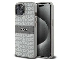 Apple iPhone 15 plus / 14 plus DKNY dėklas odinis Mono Stripe &amp; Metal Logo (DKHCP15MPRTHSLE) beige