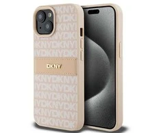 Apple iPhone 15 plus / 14 plus DKNY dėklas odinis Mono Stripe &amp; Metal Logo (DKHCP15MPRTHSLP) rožinės spalvos