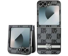 DKNY PU Leather Checkered Pattern and Stripe Samsung Galaxy Z Flip6 dėklas telefonui juodos spalvos