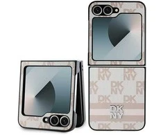 DKNY PU Leather Checkered Pattern and Stripe Samsung Galaxy Z Flip6 dėklas telefonui rožinės spalvos