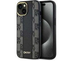 DKNY DKHMP14SPCPVSLK Apple iPhone 14 15 13 6.1″ juodos spalvos kietas dėklas Leather Checkered Mono Pattern MagSafe