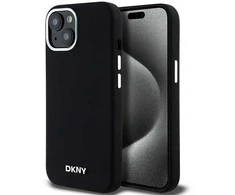 Apple iPhone 13 / 14 / 15 DKNY dėklas Liquid Silicone Small Metal Logo MagSafe (DKHMP14SSMCHLK) juodos spalvos