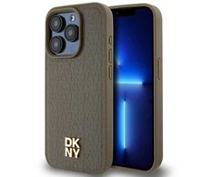 Apple iPhone 15 Pro DKNY odinis dėklas Monogram Pattern Metal Logo MagSafe (DKHMP15LPSHRPSW) rudos spalvos
