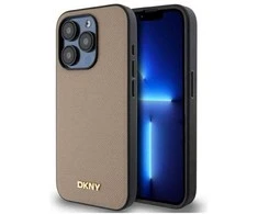 DKNY DKHMP15XPGHLME Apple iPhone 15 Pro Max 6.7" dėklas telefonui gelsvas Grained Metal Logo MagSafe