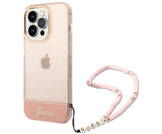 Apple iPhone 14 Pro Guess dėklas Translucent Pearl Strap rožinės spalvos