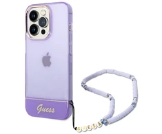 Apple iPhone 14 Pro Max Guess dėklas Translucent Pearl Strap violetinės spalvos