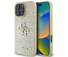 Guess Fixed Glitter Big 4G - dėklas skirtas Apple iPhone 16 Pro auksinis