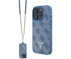 Guess Leather Metal Logo Strass Crossbody Apple iPhone 16 Pro - dėklas telefonui mėlynos spalvos
