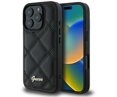 Guess Quilted Metal Logo Apple iPhone 16 Pro - dėklas telefonui juodos spalvos