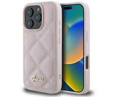 Guess Quilted Metal Logo Apple iPhone 16 Pro - dėklas telefonui rožinės spalvos
