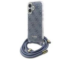 Guess GUHCP16SHC4SEB Apple iPhone 16 6.1″ mėlynas kietas dėklas Crossbody Cord 4G Print