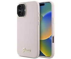 Guess GUHCP16SSMBSLP Apple iPhone 16 6.1" dėklas telefonui rožinės spalvos Silikoninis Script Metal Logo &amp; Frame