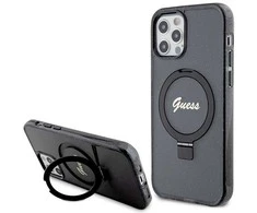 Guess GUHMP12MHRSGSK Apple iPhone 12/12 Pro 6.1″ juodos spalvos kietas dėklas Ring Stand Script Glitter MagSafe