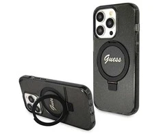Guess GUHMP14LHRSGSK Apple iPhone 14 Pro 6.1″ juodos spalvos kietas dėklas Ring Stand Script Glitter MagSafe