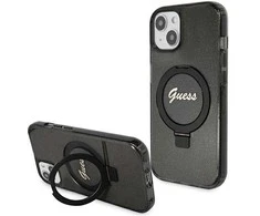 Guess GUHMP14SHRSGSK Apple iPhone 14 / 15 / 13 6.1″ juodos spalvos kietas dėklas Ring Stand Script Glitter MagSafe