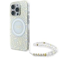 Guess IML Flowers Allover Electro With Pearl Strap MagSafe - dėklas skirtas Apple iPhone 16 Pro Baltas