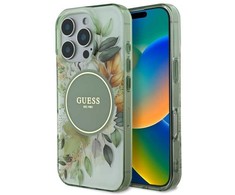 Guess IML Flower &amp; Tonal Circle MagSafe Apple iPhone 16 Pro - dėklas telefonui žalios spalvos