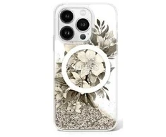 Dėklas Guess Liquid Glitter Flower MagSafe Apple iPhone 16 Pro Case - rusvai gelsvas
