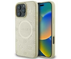 Guess Saffiano Peony Stamp MagSafe Apple iPhone 16 Pro dėklas telefonui aukso spalvos