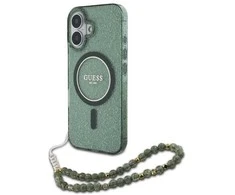 Guess IML Glitter With Pearl Strap MagSafe case Apple iPhone 16 Plus - dėklas telefonui žalios spalvos