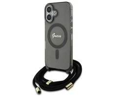 Guess GUHMP16SHCTSGNSK Apple iPhone 16 6.1″ juodos spalvos kietas dėklas Crossbody Cord Script MagSafe