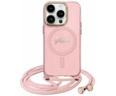 Guess GUHMP16SHCTSGNSP Apple iPhone 16 6.1" dėklas telefonui rožinės spalvos Crossbody Cord Script MagSafe