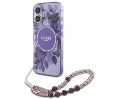Guess IML Flowers With Pearl Strap MagSafe - dėklas skirtas Apple iPhone 16 Violetinė