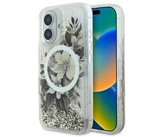 Dėklas Guess Liquid Glitter Flower MagSafe Apple iPhone 16 Case - rusvai gelsvas