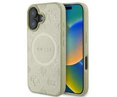 Guess Saffiano Peony Stamp MagSafe Apple iPhone 16 dėklas telefonui aukso spalvos