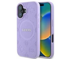 Guess Saffiano Peony Stamp MagSafe Apple iPhone 16 dėklas telefonui violetinės spalvos