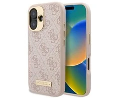 Guess 4G Logo Plate MagSafe Apple iPhone 16 Case - dėklas telefonui rožinės spalvos