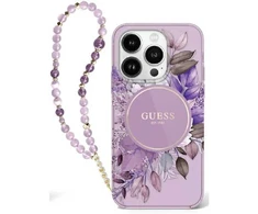 Guess IML Flowers With Pearl Strap MagSafe - dėklas skirtas Apple iPhone 16 Pro Max Violetinė