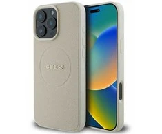 Dėklas Apple iPhone 16 Pro Max Guess kieto dėklo grūdėtas žiedas MagSafe smėlio spalvos