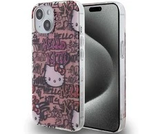 Hello Kitty HKHCP15SHDGPTP Apple iPhone 15 /14 / 13 6.1″ rožinės spalvos kietas dėklas IML Tags Graffiti