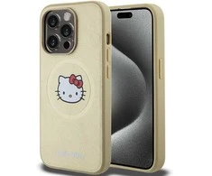Hello Kitty HKHMP13XPGHCKD Apple iPhone 13 Pro Max 6.7″ Gold kietas dėklas Leather Kitty Head MagSafe