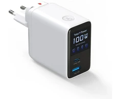 Įkroviklis 4smarts Sieciowa GaN Flex Screen AI 100W 2× USB-C + 1× USB-A Travel Edition balta
