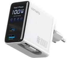 Įkroviklis jungiama į tinklą 4smarts GaN Flex Screen AI 100W 2xUSB-C + USB-A balta