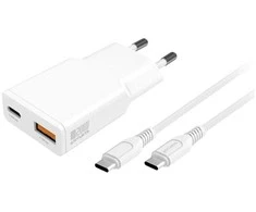 Laidinis įkroviklis 4smarts PDPlug Slim Duos 20W GaN USB-C+USB-A + USB-C kabelis 1.5m baltos spalvos