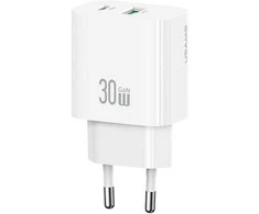 Laidinis įkroviklis USAMS CC316 T65 30W 1xUSB-C 1xUSB-A Fast Charging baltos spalvos