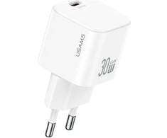 Laidinis įkroviklis USAMS JO Series CC262 30W USB-C + 1m USB-C/Lightning kabelis baltos spalvos
