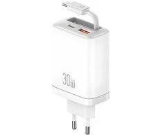 Laidinis įkroviklis USAMS Xiang Series CC296 30W 1xUSB-C 1xUSB-A + USB-C kabelis baltos spalvos