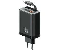 Laidinis įkroviklis USAMS Xiang Series CC296 30W 1xUSB-C 1xUSB-A + USB-C kabelis juodos spalvos