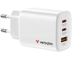 Verbatim GaN Travel Charger Essentials 65W, 2×USB-C PD, 1×USB-A QC, EU Plug, Baltas