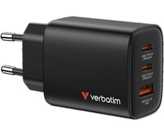 Verbatim GaN Travel Charger Essentials 65W, 2×USB-C PD, 1×USB-A QC, EU Plug, Juodas