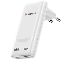 Verbatim GaN Travel Charger Fold 'n' Go 65W, 2×USB-C PD EU Plug, Baltas