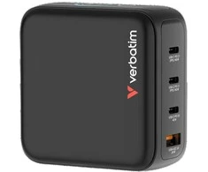Verbatim Mini GaN Charger 140W with Ekranas, 3× USB-C PD, 1× USB-A QC 3.0, Juodas