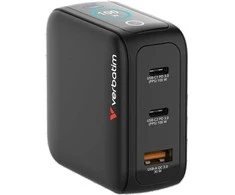 Verbatim Mini GaN Charger 100W with Ekranas, 2× USB-C PD, 1× USB-A QC 3.0, Juodas