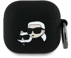 Dėklas Karl Lagerfeld KLA4RUNKCHK AirPods 4 cover juodos spalvos silikoninis Karl&amp;Chaupette Head 3D